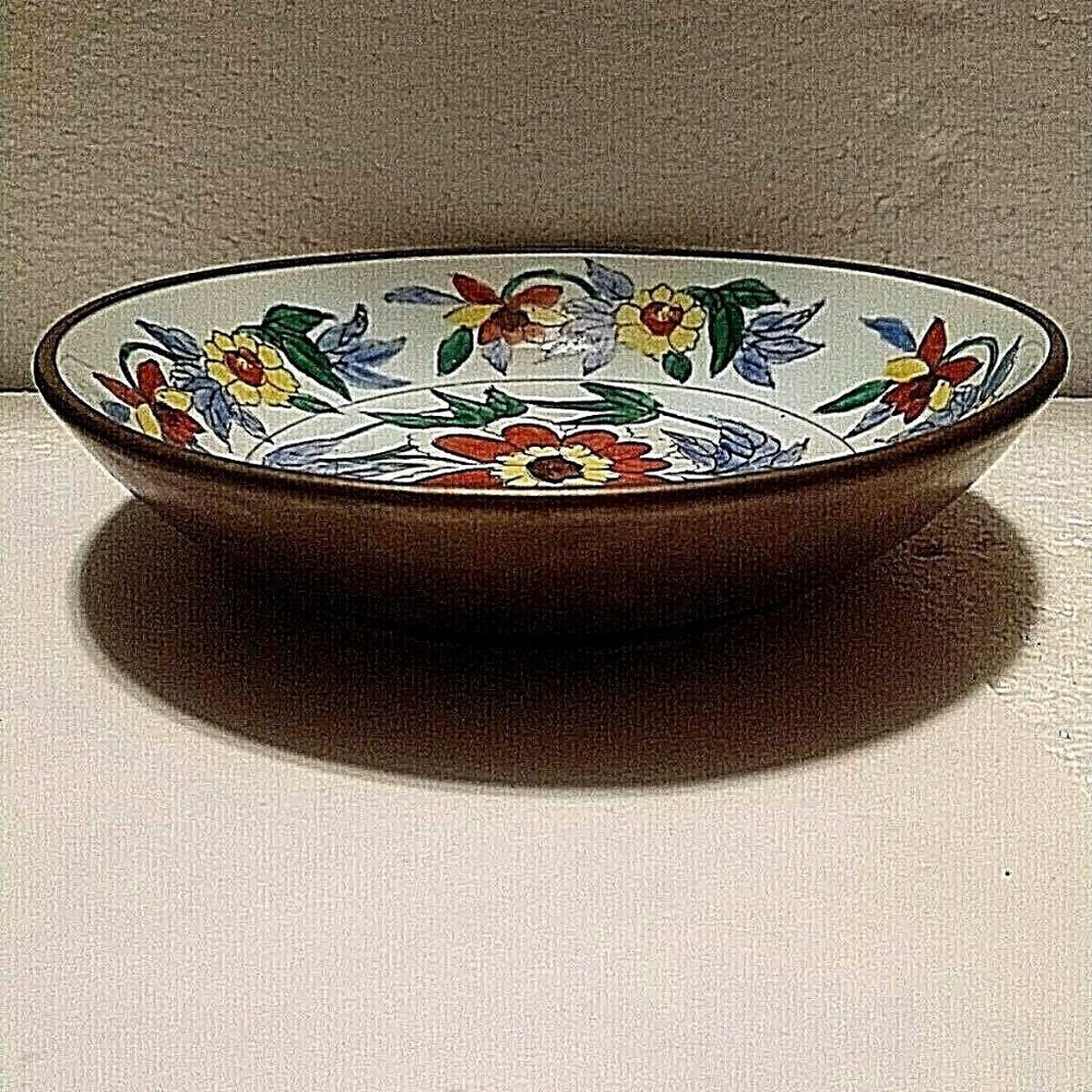 VTG Asian Brass W/Ceramic Bowl 7" Floral Multi Color Marked On Bottom